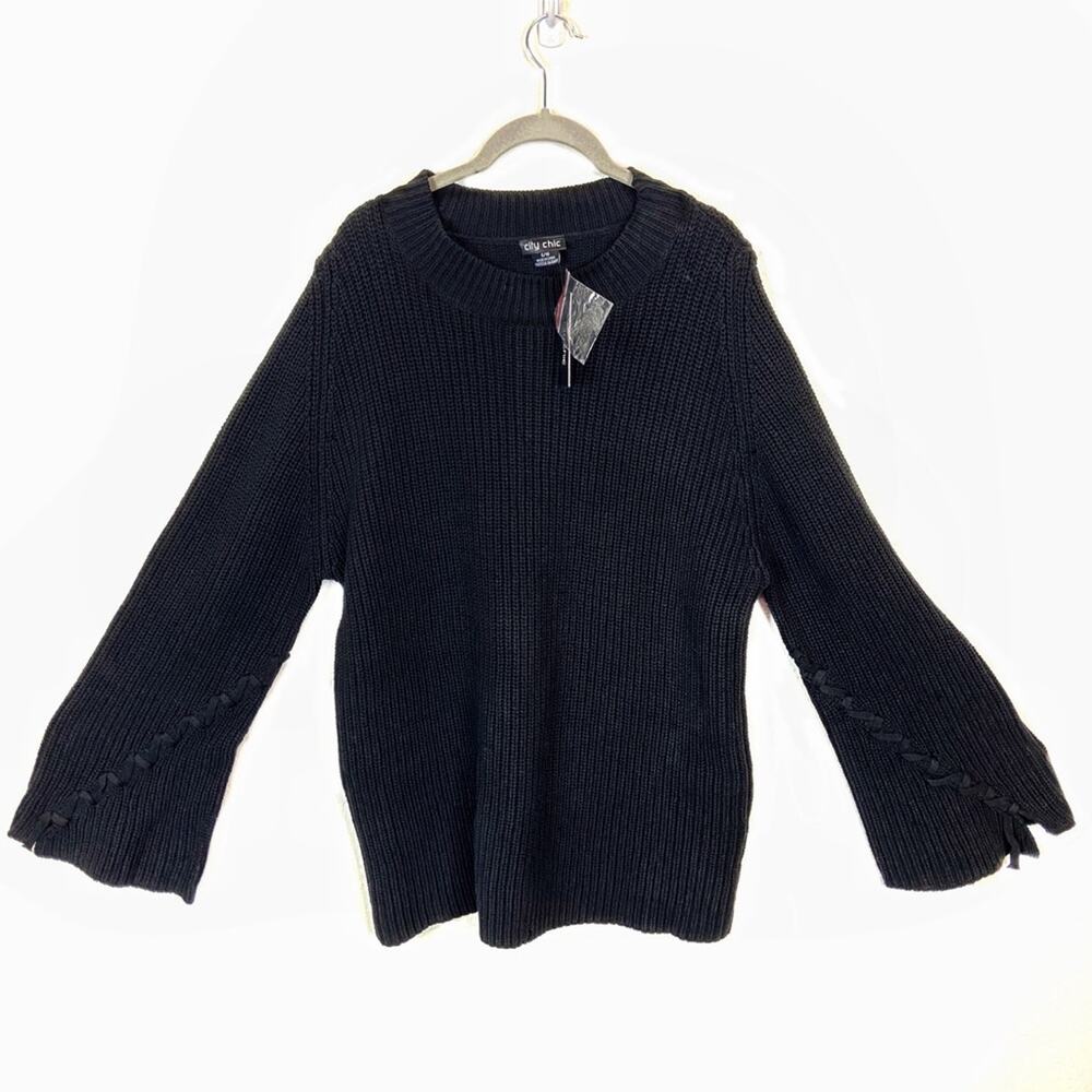 City Chic Sweater Black Bell Sleeve Cable Knit NWT 16